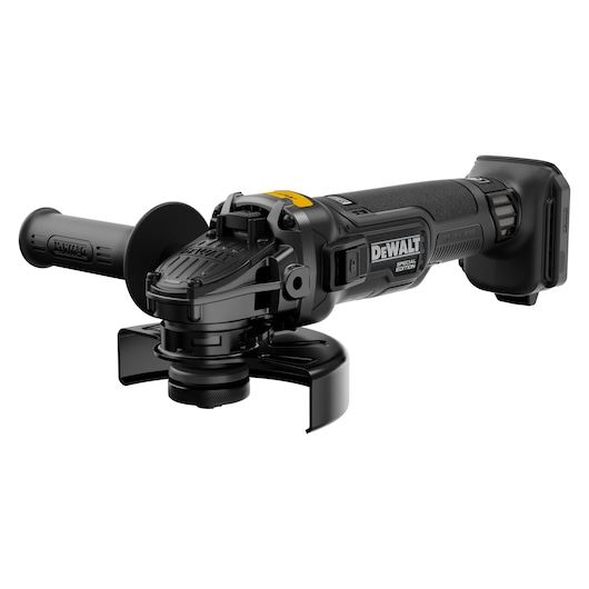 DEWALT cordless angle grinder with side handle and guard, shown in black, suitable for cutting and grinding tasks.