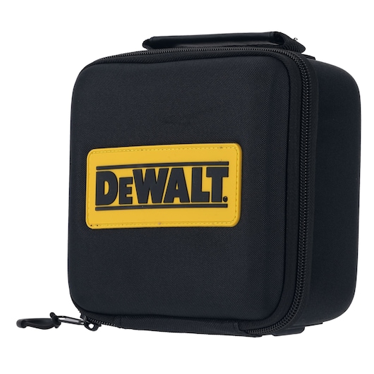 Black DEWALT zippered carrying case with yellow logo, shown closed and upright with handle on top.