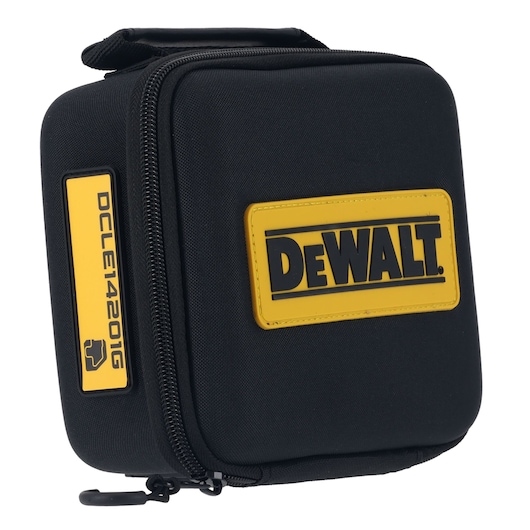 Black zippered DEWALT carrying case with yellow logo for photography tools, model DCLE14201GB.