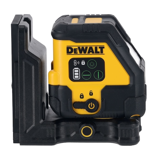 DEWALT yellow-black laser level tool with control buttons and a sturdy mounting base, side view.