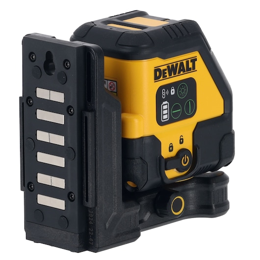 DEWALT yellow and black laser level with control buttons and mounting bracket.
