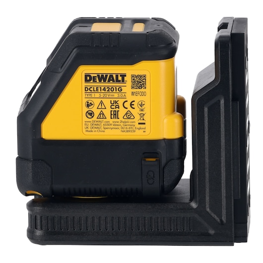 DEWALT DCLE14201GB laser level device in yellow and black with safety and certification labels visible.