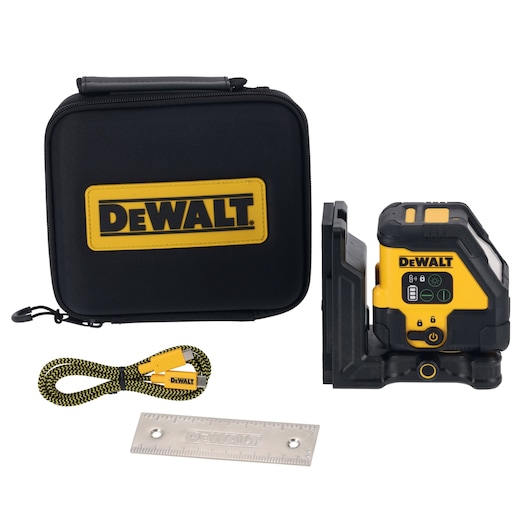 A DEWALT photography tool kit including a black carrying case with a yellow DEWALT logo, a yellow and black electronic device, a braided cable, and a metal ruler.