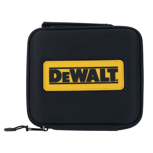 A black zippered carrying case with a yellow DEWALT logo patch on the front, suitable for storing and transporting photography equipment.