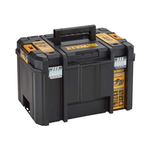 A DEWALT branded black and yellow tool storage box with metal latches and a sturdy handle on top, designed for secure and organized tool transport.