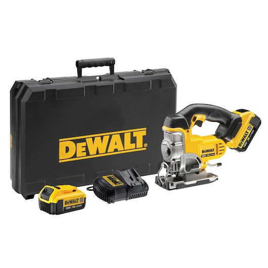 DEWALT jigsaw set with hard case, charger, battery, and yellow-black cordless tool displayed.