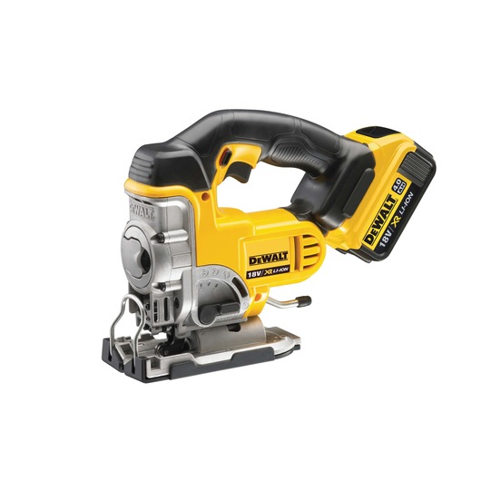 DEWALT 18V cordless jigsaw with ergonomic handle and battery pack, suitable for precision cutting tasks.