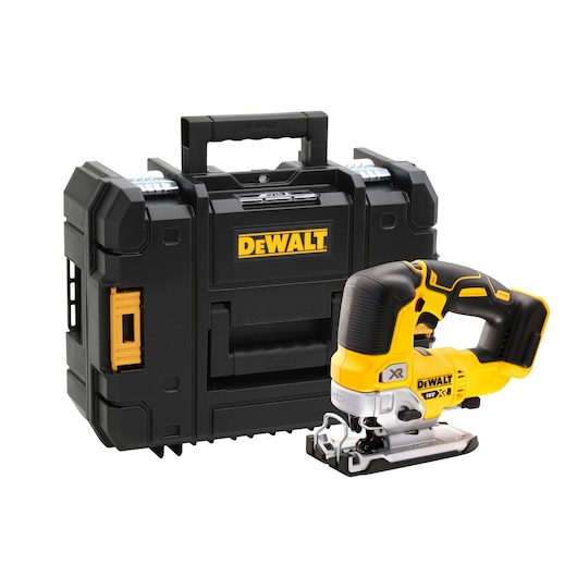 DEWALT cordless jigsaw with a black and yellow hard carrying case, shown on a white background.