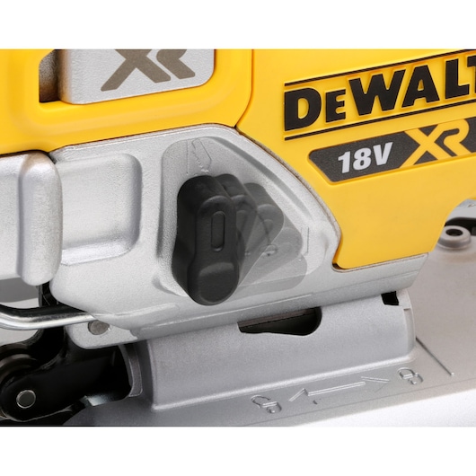 Close-up of DEWALT XR 18V power tool component showing control switch and part of the housing.