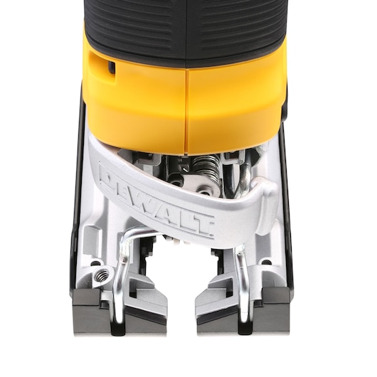 Close-up of a DEWALT jigsaw base, showing metal details and yellow body parts.