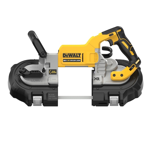 DEWALT band saw, photography category, model DCS374N and DCS374N-XJ, yellow and black cordless tool.