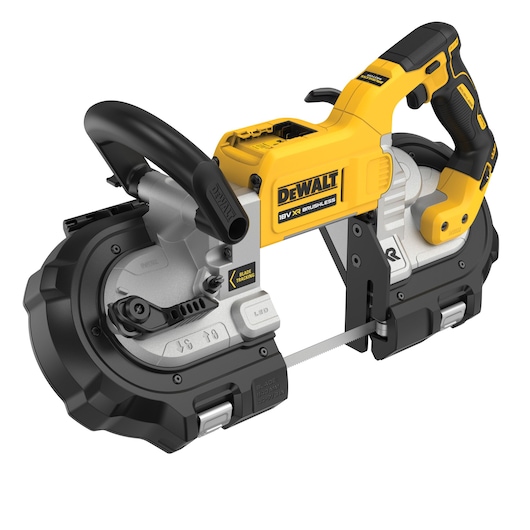 DEWALT band saw for photography, SKUs DCS374N, DCS374N-XJ, 18V XR brushless, yellow and black design.