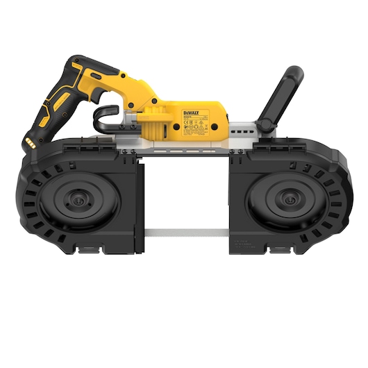DEWALT DCS374N, DCS374N-XJ portable bandsaw for photography. Yellow and black power tool on white.