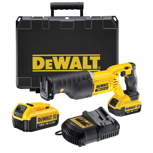 DEWALT cordless reciprocating saw kit including an 18V XR Li-Ion saw, two batteries, a charger, and a black carrying case with DEWALT logo.