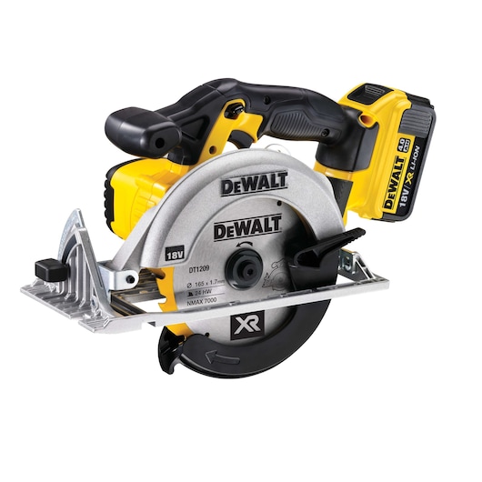 DEWALT DCS391M2 18V cordless circular saw with black and yellow handle and battery, side view.
