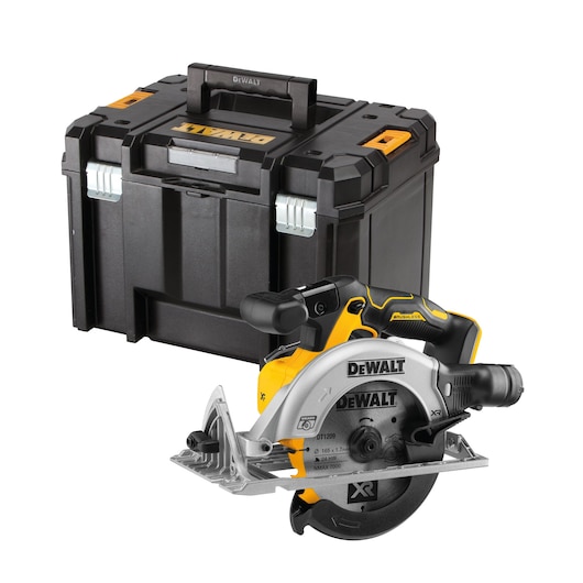 DEWALT cordless circular saw and black toolbox set, model DCS565NT, shown on a white background.