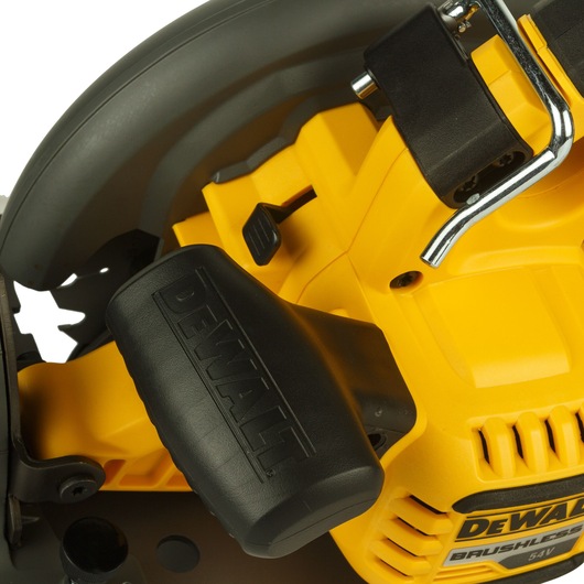Close-up of a DEWALT cordless circular saw showing the handle and power unit in yellow and black color.
