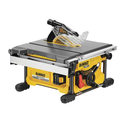 DEWALT DCS7485 cordless table saw with yellow base and blade guard on a white background.