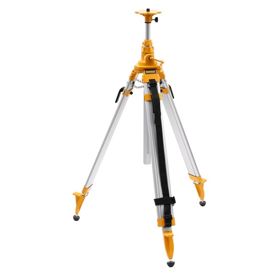 DEWALT DE0735 photography tripod with adjustable aluminum legs and yellow accents, shown on a white background.
