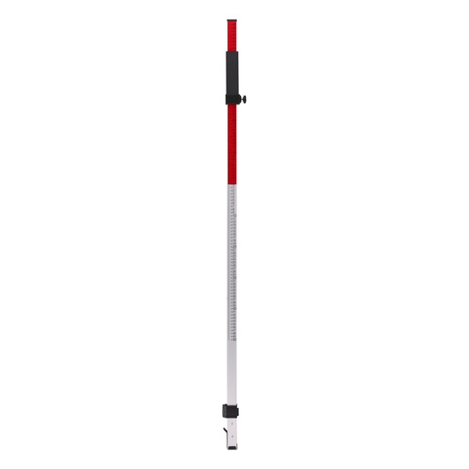 A DEWALT DE0737-XJ telescopic leveling staff for photography and surveying, shown vertically extended with red and white measurement markings and adjustment clamp on a white background.