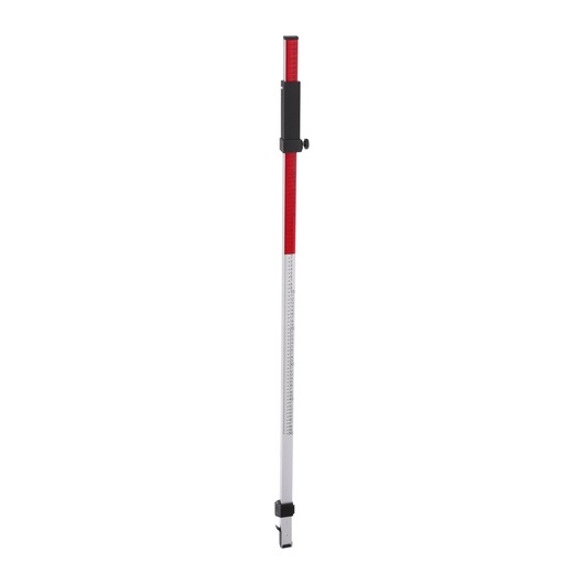 An adjustable DEWALT leveling staff or grade rod used for surveying and measuring elevations, shown standing upright with markings and a red section.