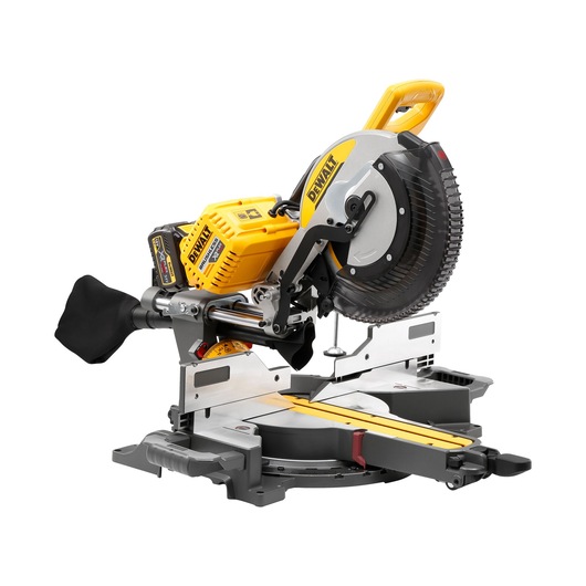 DEWALT cordless sliding mitre saw with yellow body and black blade guard, used for woodworking and cutting tasks.