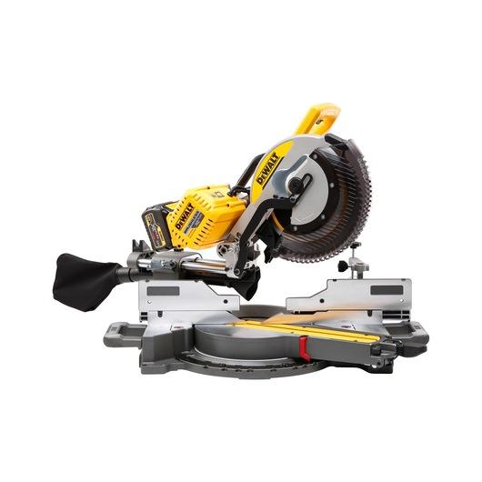 Yellow and black DEWALT cordless miter saw with dust bag, shown on a white background.