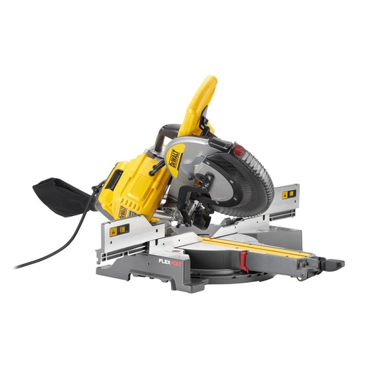 DEWALT cordless mitre saw DHS780T2A with yellow body, blade guard, and dust bag on white background.