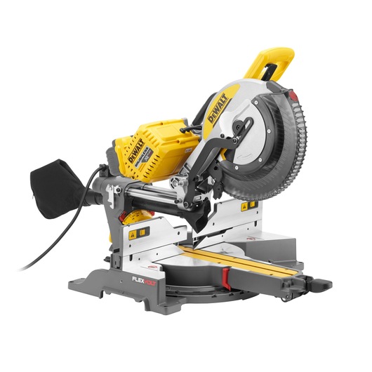 Cordless sliding compound mitre saw with yellow and silver body, dust bag, and adjustable base.