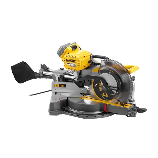 DEWALT cordless mitre saw with yellow motor, dust bag, and metal base for precise cutting tasks.