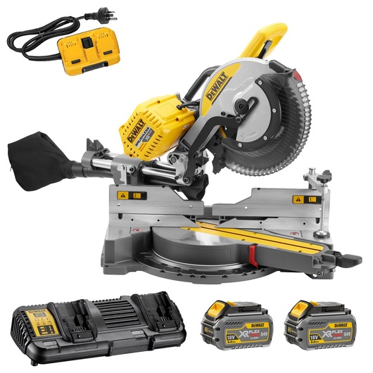 DEWALT miter saw set with charger, two XR FLEXVOLT batteries, and power adapter shown on white background.