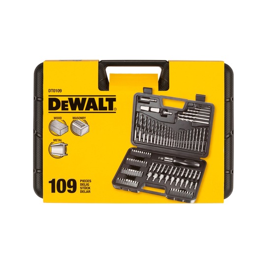 DEWALT DT0109 drill and bit set in a black plastic case, displayed on yellow packaging. The package indicates the set contains 109 pieces suitable for wood, masonry, and metal.