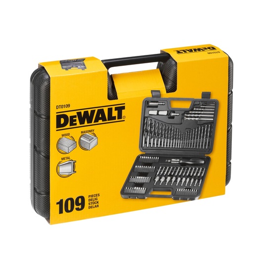 DEWALT DT0109 drill and bit set in a black plastic carrying case and yellow packaging, containing 109 pieces suitable for wood, masonry, and metal work.