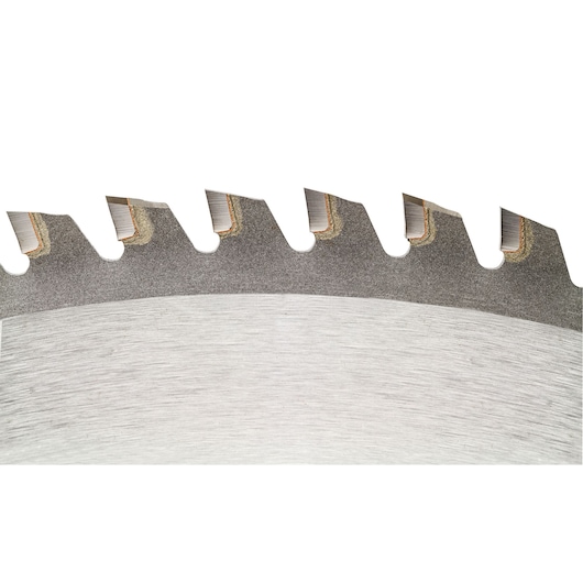 Close-up of a DEWALT DT1922 circular saw blade edge with sharp metal teeth, used for cutting materials.