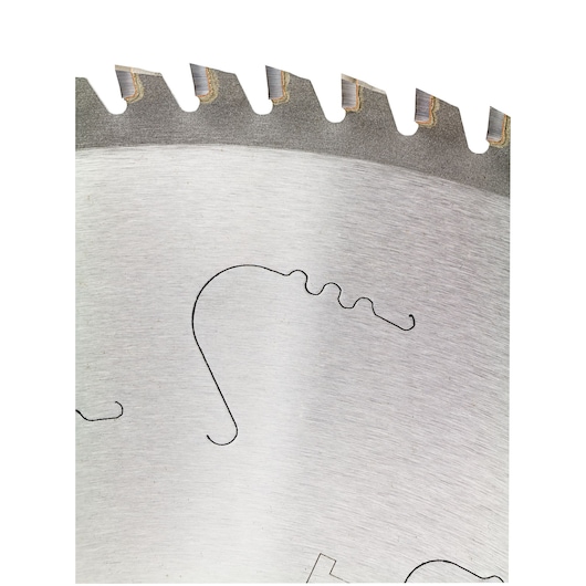 Close-up of a DEWALT DT1922 circular saw blade with sharp teeth and etched lines on metal surface.