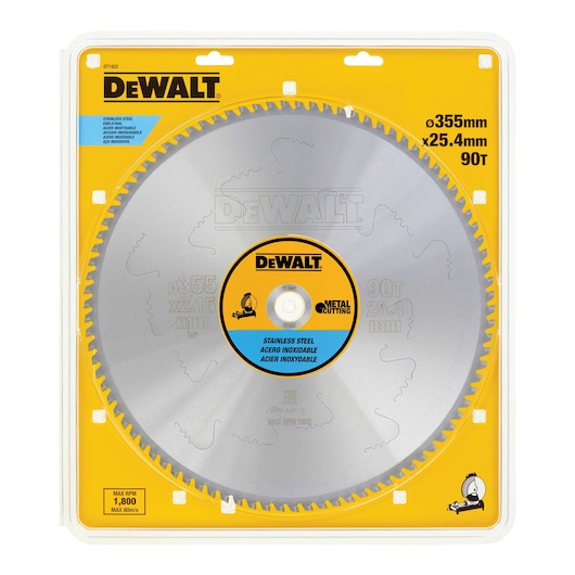 DEWALT DT1922 stainless steel metal cutting circular saw blade in yellow packaging, 355mm diameter, 90 teeth.