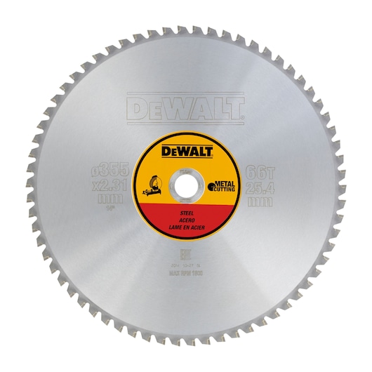 DEWALT DT1926 steel saw blade for metal cutting, 355 mm diameter with 66 teeth and labeled center hub.