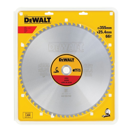 DEWALT DT1926 steel saw blade for metal cutting, 355mm diameter, 66 teeth, in yellow retail packaging.