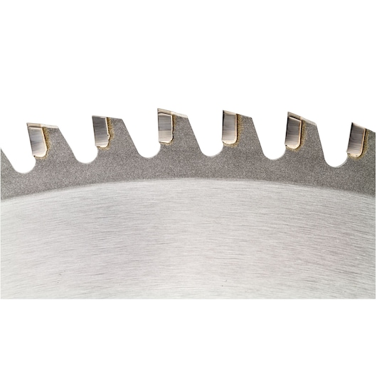Close-up of a DEWALT DT1927 circular saw blade showing sharp metal teeth.