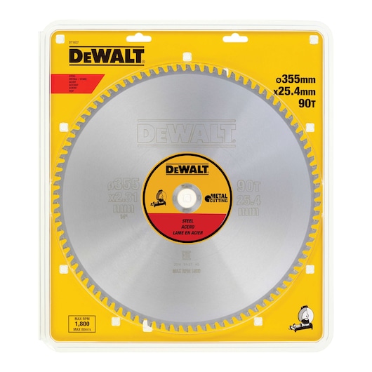 DEWALT steel cutting circular saw blade in yellow packaging, 355mm diameter, 90 teeth, model DT1927.