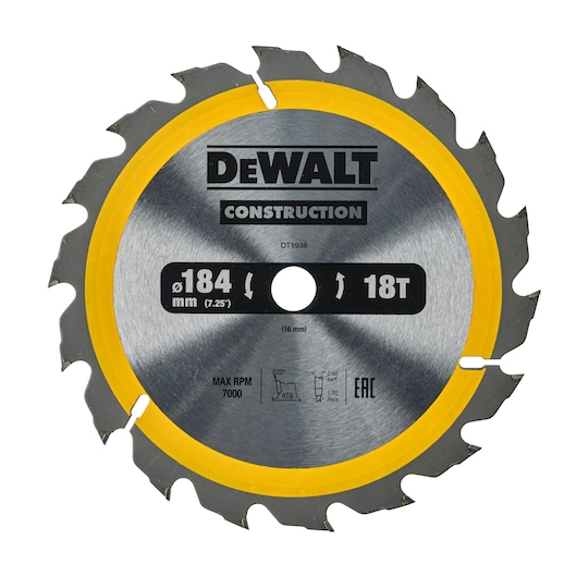 DEWALT DT1938 construction saw blade, 184mm diameter, 18 teeth, silver with yellow edge.