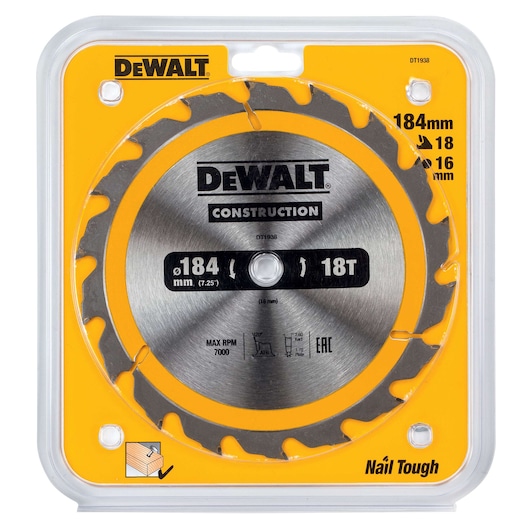DEWALT DT1938 184mm circular saw blade for construction, 18 teeth, in yellow packaging.