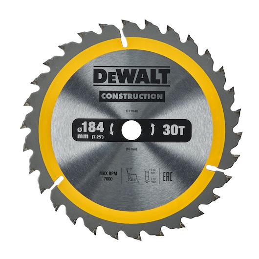 DEWALT DT1940 circular saw blade for construction, 184mm diameter, 30 teeth, silver with yellow edge.