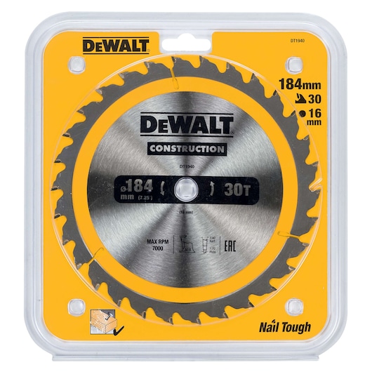 DEWALT DT1940 184mm 30T circular saw blade in yellow packaging for construction and woodworking.