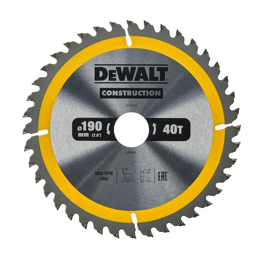 DEWALT DT1945 circular saw blade, 190mm diameter, 40 teeth, with yellow edge for construction use.