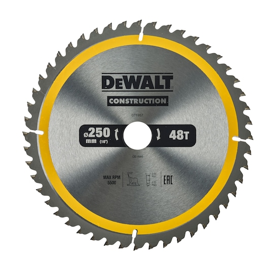 A DEWALT Construction circular saw blade with yellow detailing, model DT1957, featuring 48 teeth and a diameter of 250 mm. Specifications and symbols are visible on the blade surface.