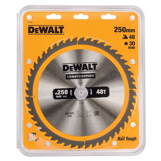 DEWALT DT1957 circular saw blade in packaging, designed for construction use. The blade is 250mm in diameter, 48 teeth, with a 30mm bore. The packaging is primarily yellow and clear, showing the blade and its specifications.