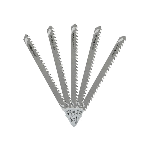 Five DEWALT jigsaw blades fanned out, designed for cutting wood. Silver color, labeled 'Speed Wood.'