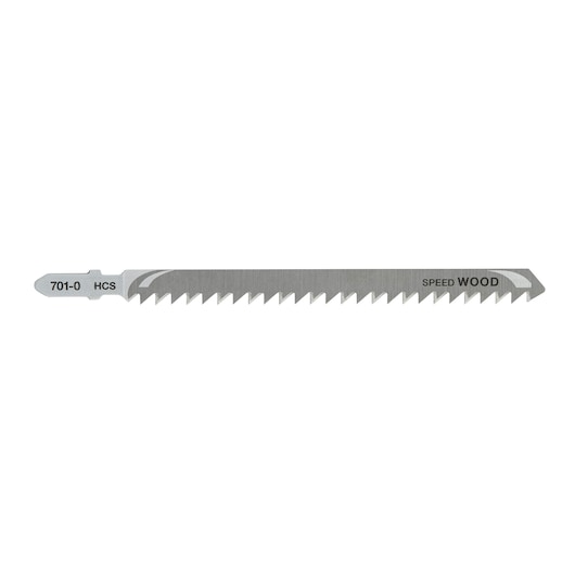 A single DEWALT jigsaw blade for wood, metal in color, with sharp teeth along the edge and product code 701-0 HCS visible on the metal.