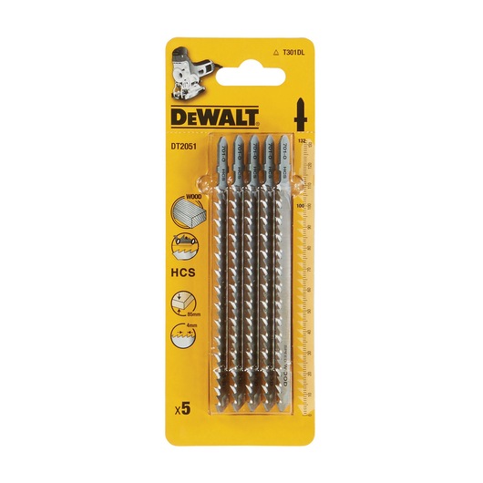 DEWALT DT2051 pack of 5 jigsaw blades for wood, HCS, 85mm length, shown in yellow retail packaging.